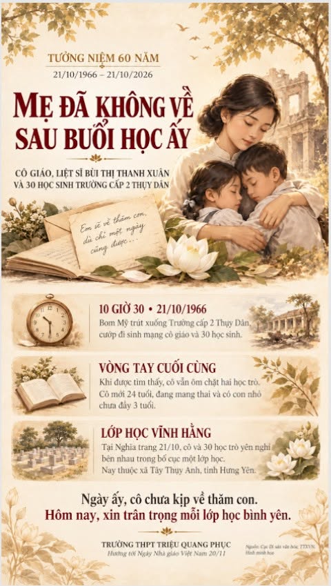Tưởng nhớ cô giáo, liệt sĩ Bùi Thị Thanh Xuân và 30 học sinh Trường cấp 2 Thụy Dân (nay là xã Tây Thụy Anh, tỉnh Hưng Yên)